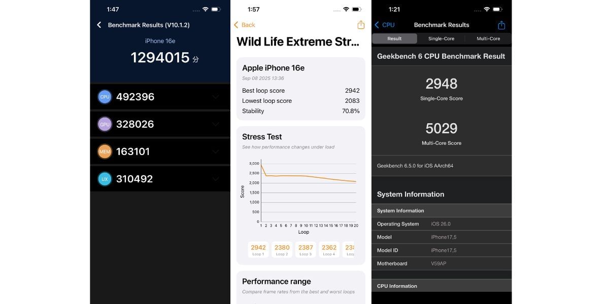 Apple iPhone16e benchmark result