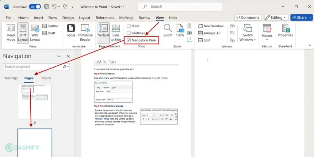 How to delete an extra page in the Word - navigation pane