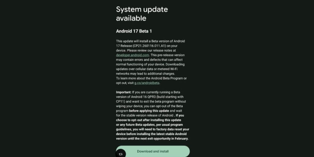 android 17 beta 1 notification