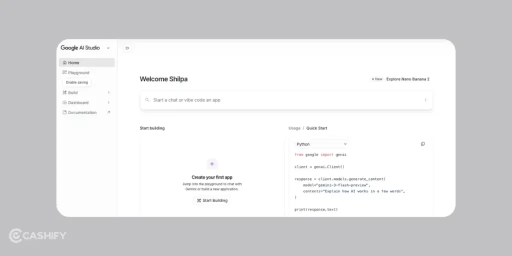 Google AI Studio dashboard showing project workspace and free AI tools for beginners