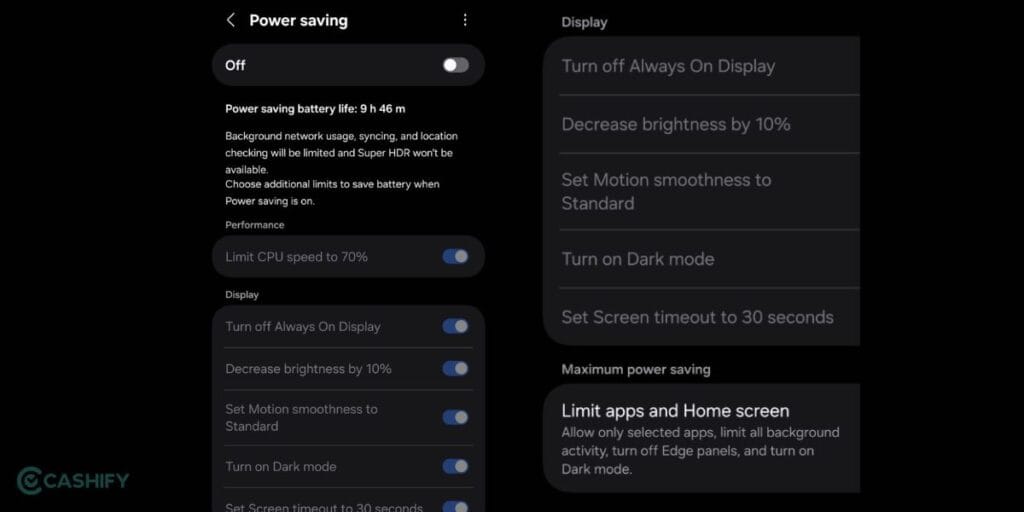 power saving mode to solve samsung galaxy s24 and galaxy s25 battery drain issue.