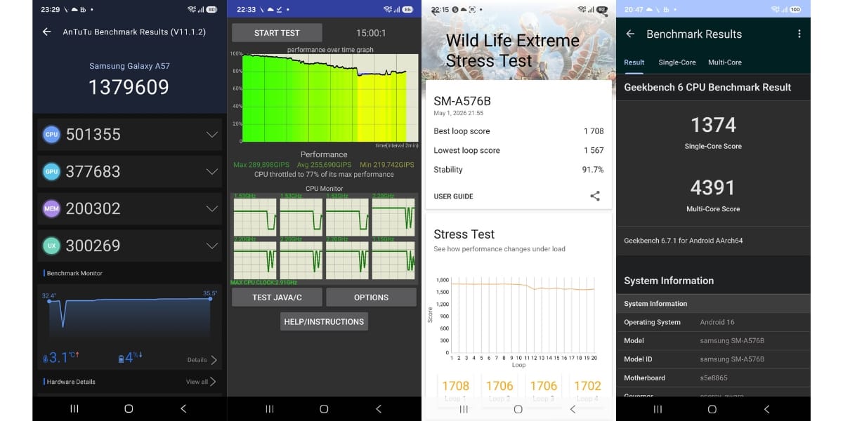 Samsung Galaxy A57 benchmarks results