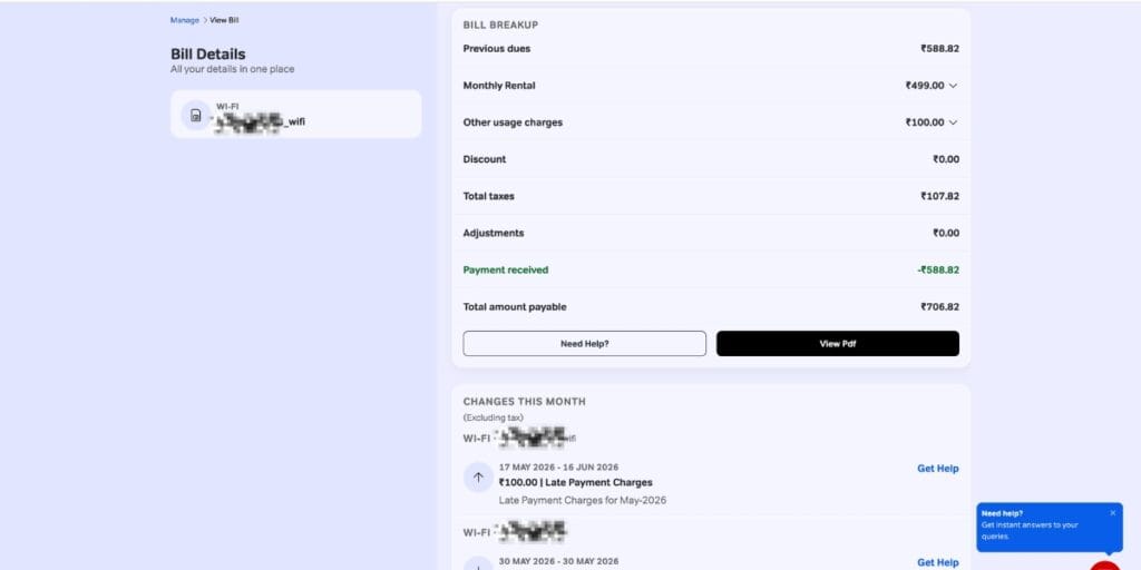 Airtel wifi bill